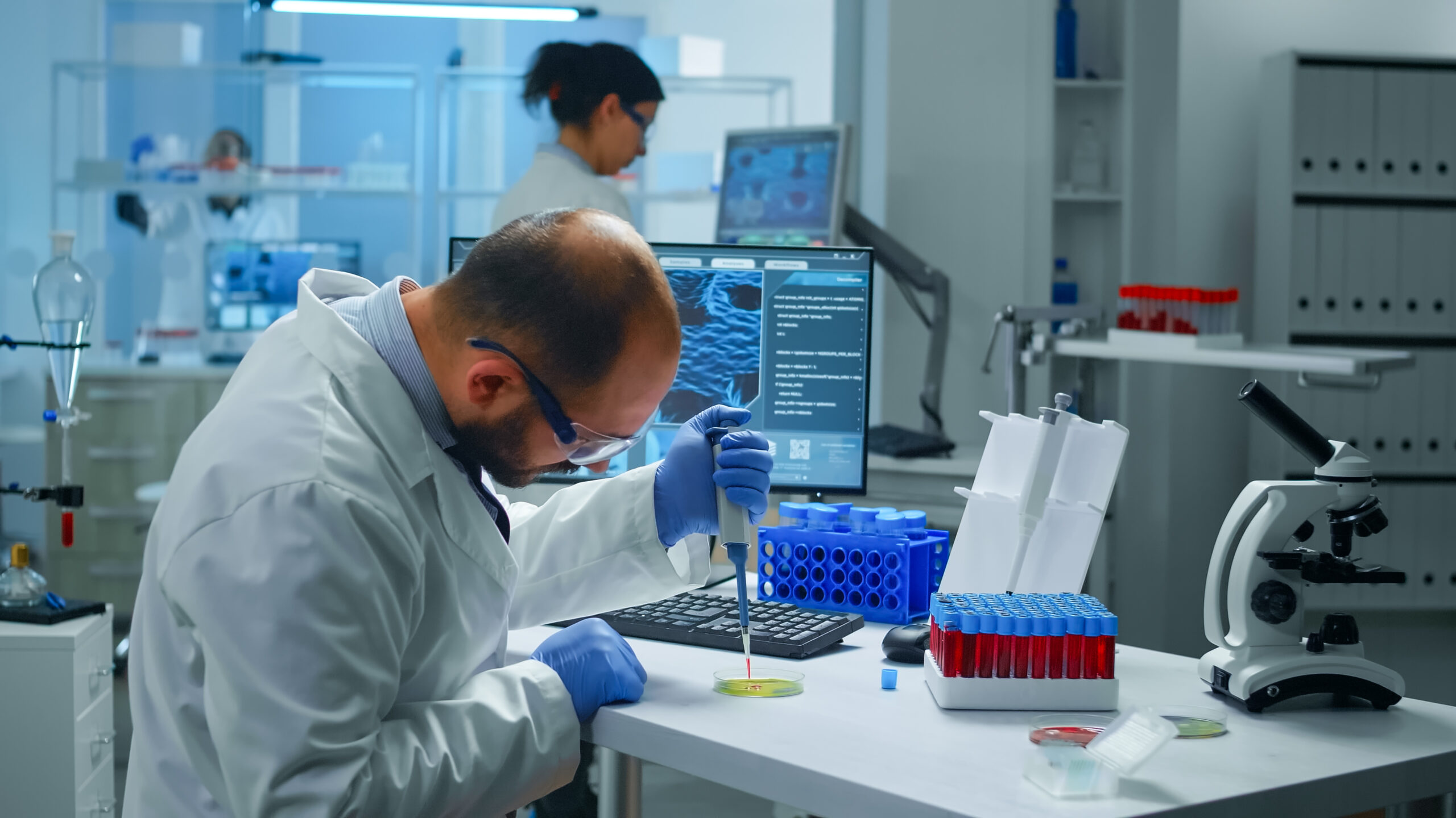 Scientist putting blood sample from test tube with micropipette in petri dish analysing chemical reaction. Lab technician examining virus evolution using high tech and tools for vaccine development